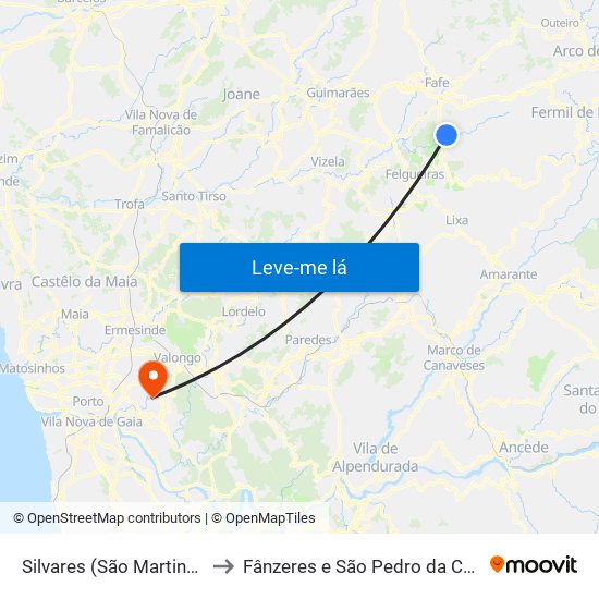 Silvares (São Martinho) to Fânzeres e São Pedro da Cova map