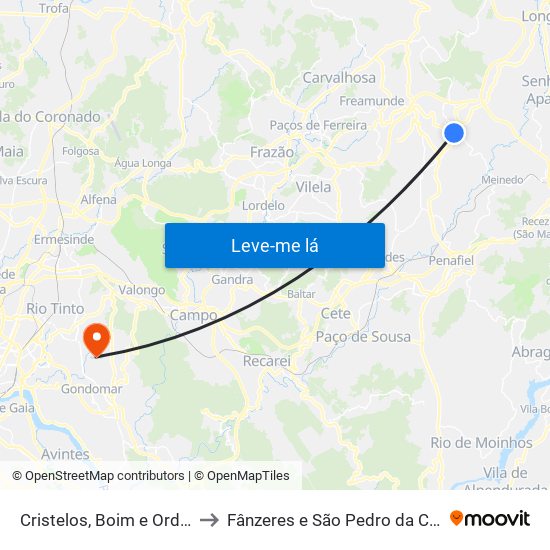 Cristelos, Boim e Ordem to Fânzeres e São Pedro da Cova map