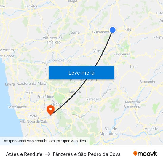 Atães e Rendufe to Fânzeres e São Pedro da Cova map