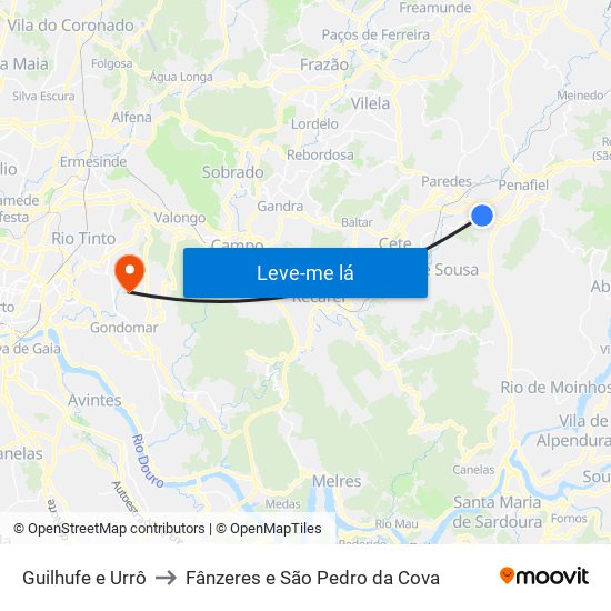 Guilhufe e Urrô to Fânzeres e São Pedro da Cova map