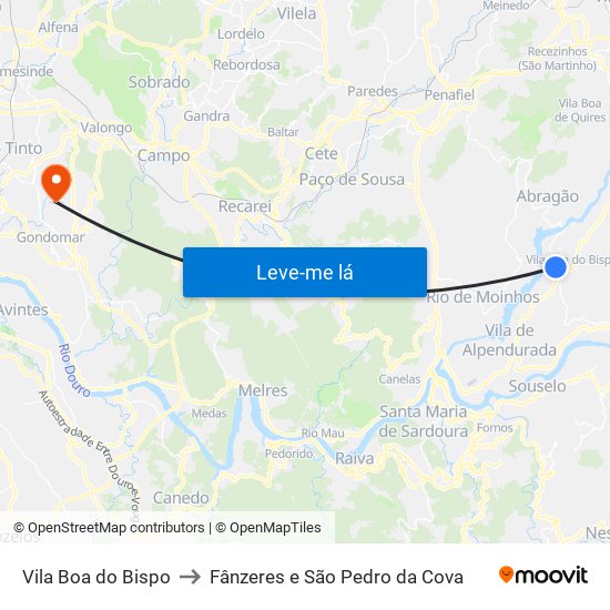 Vila Boa do Bispo to Fânzeres e São Pedro da Cova map