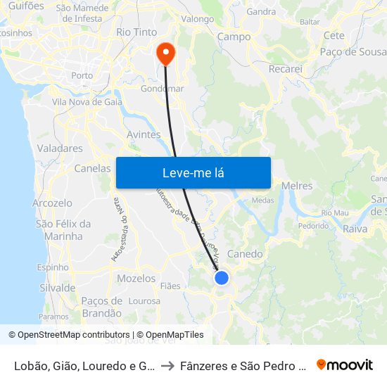 Lobão, Gião, Louredo e Guisande to Fânzeres e São Pedro da Cova map