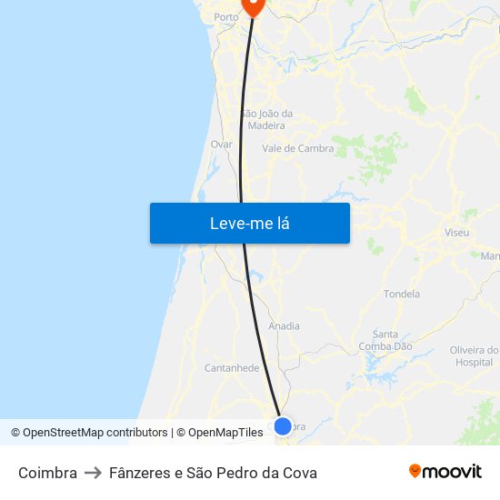 Coimbra to Fânzeres e São Pedro da Cova map