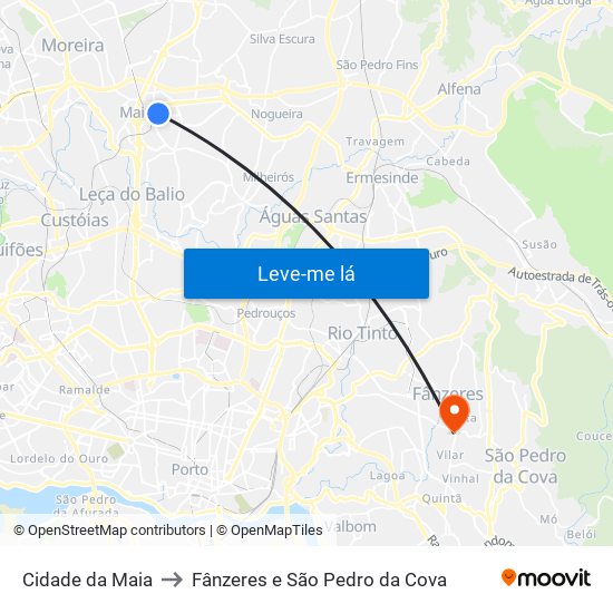 Cidade da Maia to Fânzeres e São Pedro da Cova map