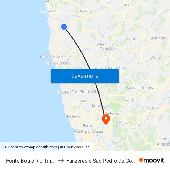 Fonte Boa e Rio Tinto to Fânzeres e São Pedro da Cova map