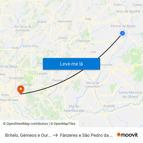 Britelo, Gémeos e Ourilhe to Fânzeres e São Pedro da Cova map