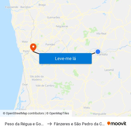 Peso da Régua e Godim to Fânzeres e São Pedro da Cova map