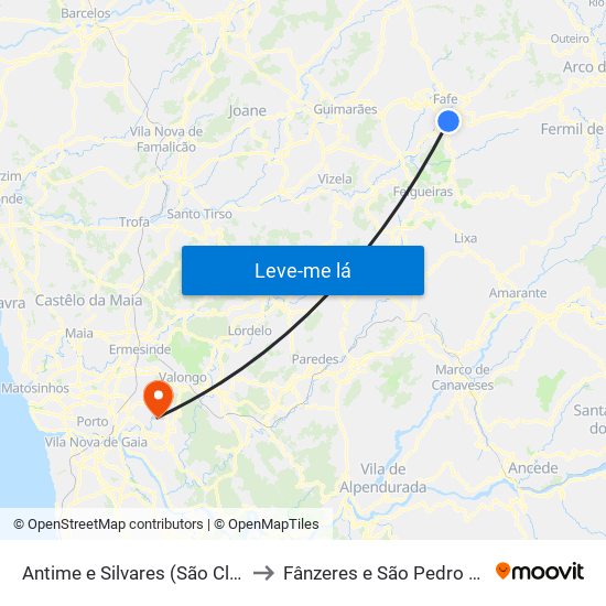 Antime e Silvares (São Clemente) to Fânzeres e São Pedro da Cova map