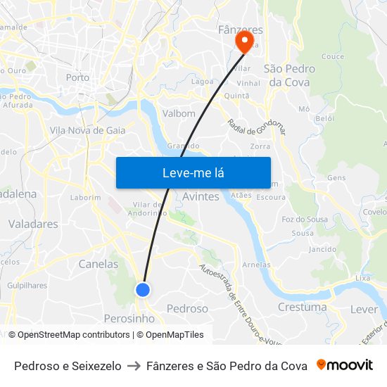 Pedroso e Seixezelo to Fânzeres e São Pedro da Cova map