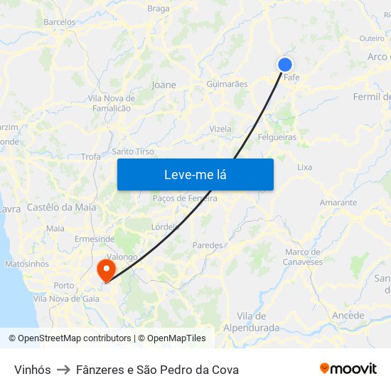 Vinhós to Fânzeres e São Pedro da Cova map