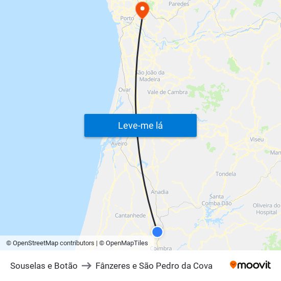 Souselas e Botão to Fânzeres e São Pedro da Cova map