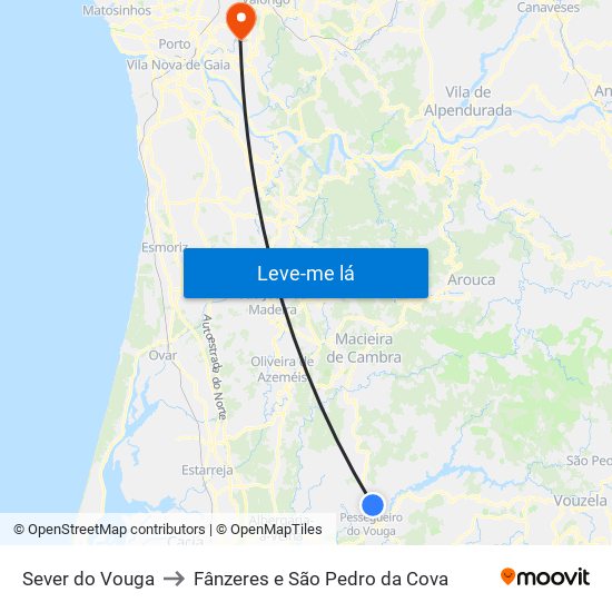 Sever do Vouga to Fânzeres e São Pedro da Cova map