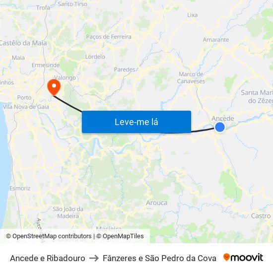 Ancede e Ribadouro to Fânzeres e São Pedro da Cova map