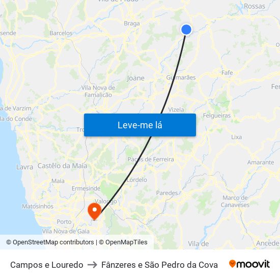 Campos e Louredo to Fânzeres e São Pedro da Cova map