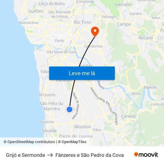 Grijó e Sermonde to Fânzeres e São Pedro da Cova map