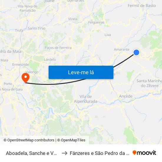 Aboadela, Sanche e Várzea to Fânzeres e São Pedro da Cova map