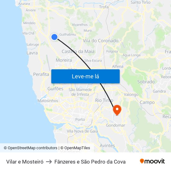 Vilar e Mosteiró to Fânzeres e São Pedro da Cova map