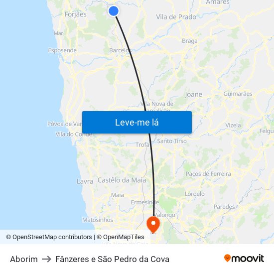 Aborim to Fânzeres e São Pedro da Cova map