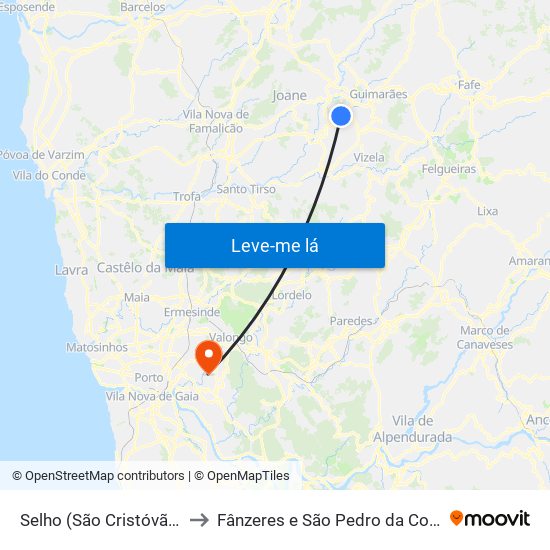 Selho (São Cristóvão) to Fânzeres e São Pedro da Cova map