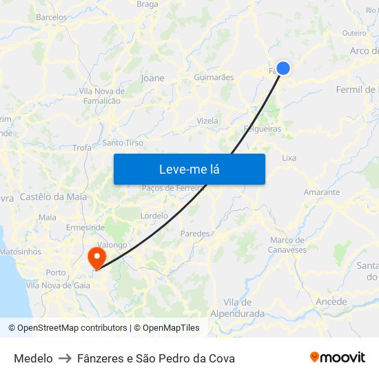 Medelo to Fânzeres e São Pedro da Cova map