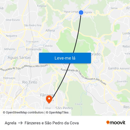 Agrela to Fânzeres e São Pedro da Cova map