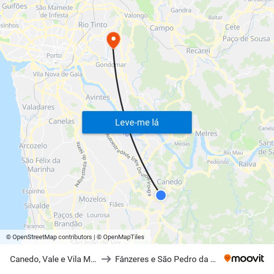 Canedo, Vale e Vila Maior to Fânzeres e São Pedro da Cova map