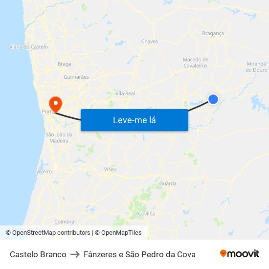 Castelo Branco to Fânzeres e São Pedro da Cova map