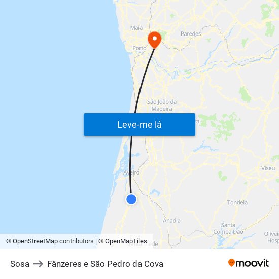 Sosa to Fânzeres e São Pedro da Cova map