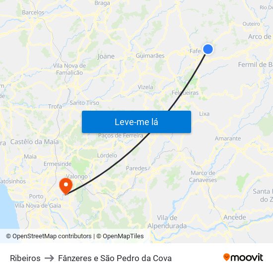 Ribeiros to Fânzeres e São Pedro da Cova map