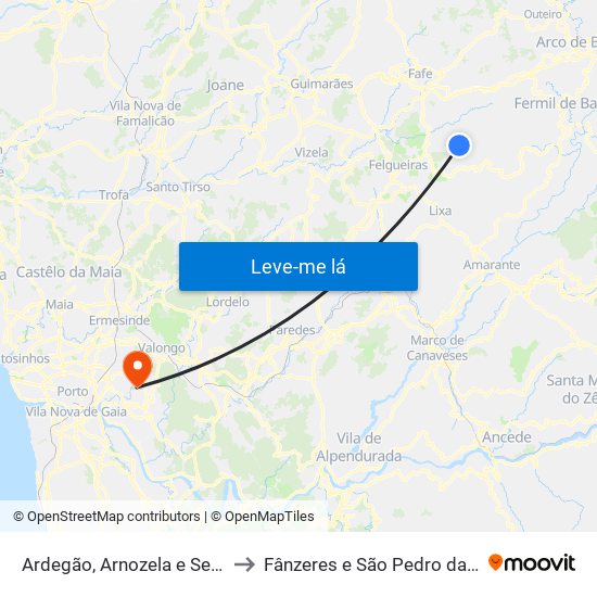 Ardegão, Arnozela e Seidões to Fânzeres e São Pedro da Cova map