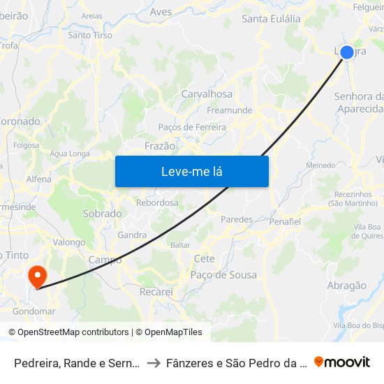 Pedreira, Rande e Sernande to Fânzeres e São Pedro da Cova map