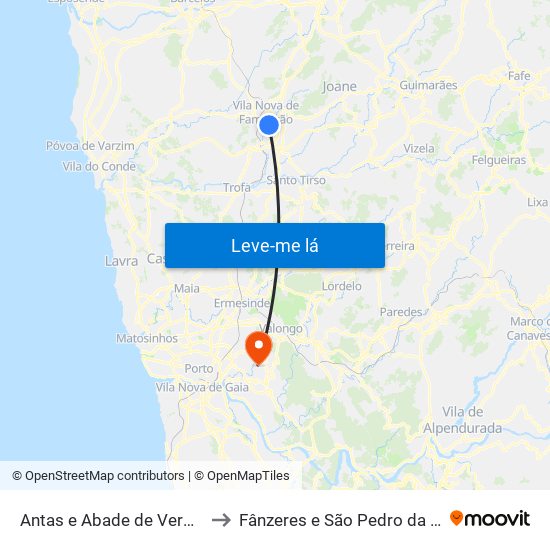 Antas e Abade de Vermoim to Fânzeres e São Pedro da Cova map