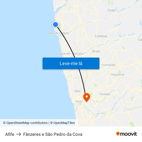 Afife to Fânzeres e São Pedro da Cova map