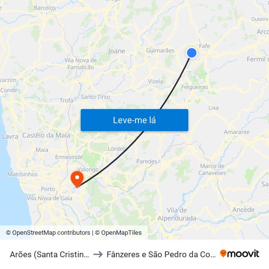 Arões (Santa Cristina) to Fânzeres e São Pedro da Cova map