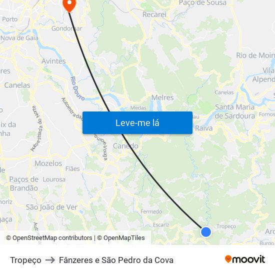 Tropeço to Fânzeres e São Pedro da Cova map