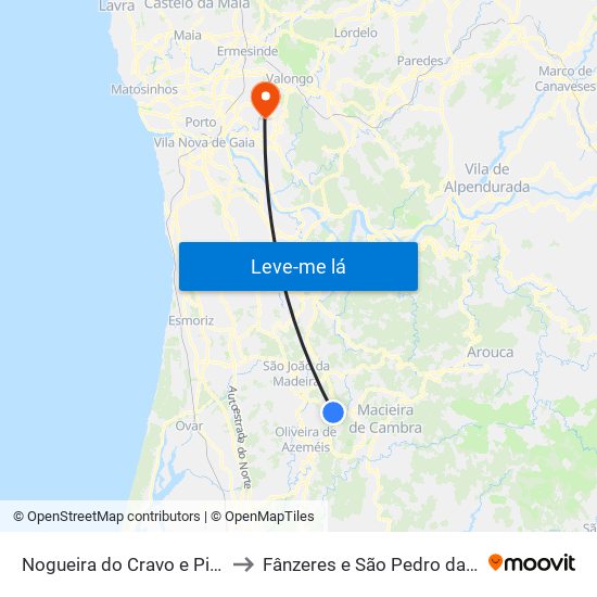 Nogueira do Cravo e Pindelo to Fânzeres e São Pedro da Cova map