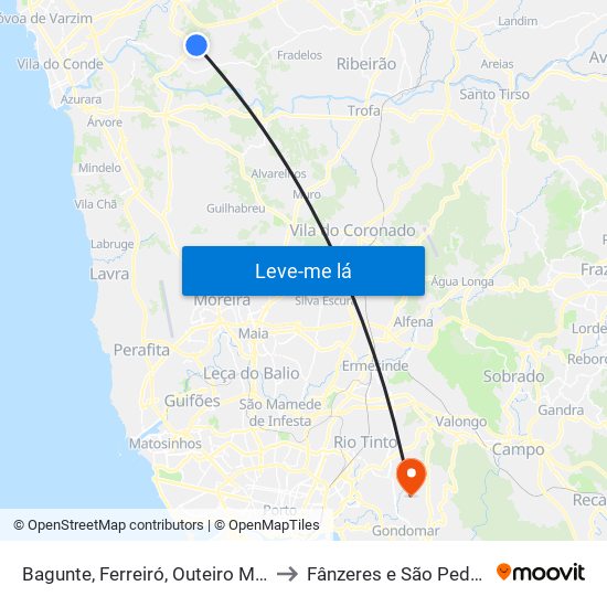 Bagunte, Ferreiró, Outeiro Maior e Parada to Fânzeres e São Pedro da Cova map