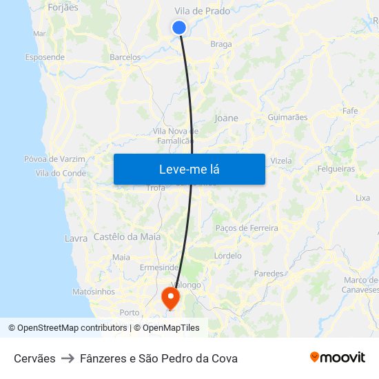 Cervães to Fânzeres e São Pedro da Cova map