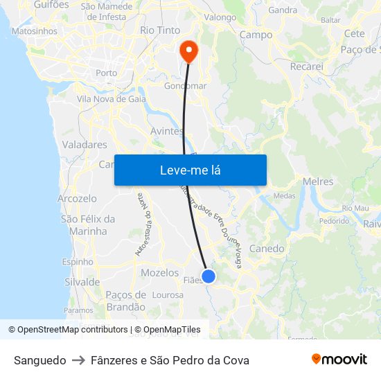 Sanguedo to Fânzeres e São Pedro da Cova map