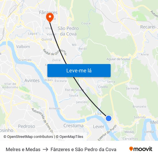 Melres e Medas to Fânzeres e São Pedro da Cova map