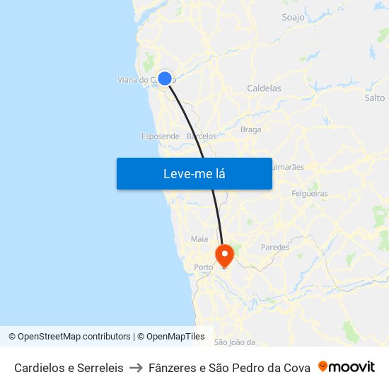 Cardielos e Serreleis to Fânzeres e São Pedro da Cova map