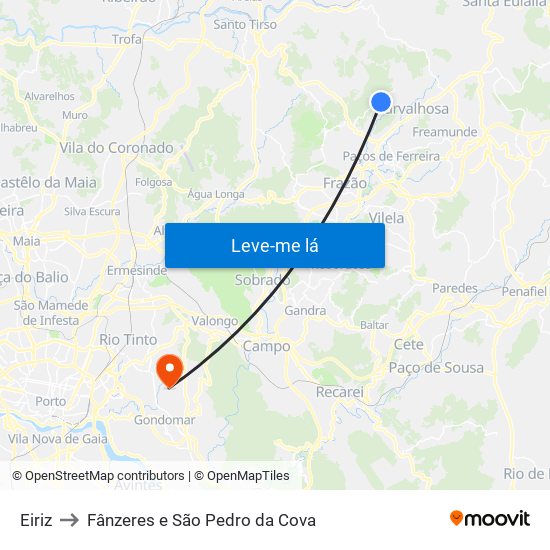 Eiriz to Fânzeres e São Pedro da Cova map