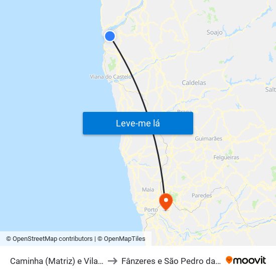 Caminha (Matriz) e Vilarelho to Fânzeres e São Pedro da Cova map