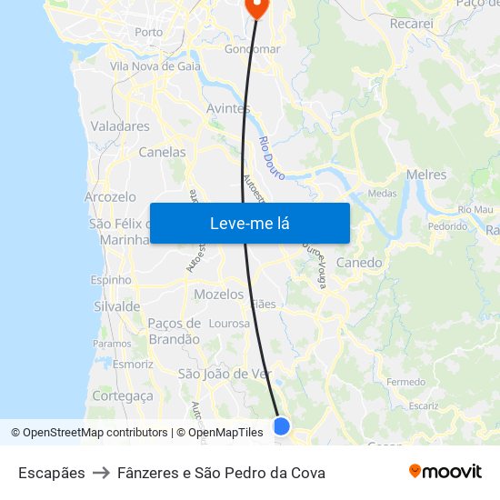 Escapães to Fânzeres e São Pedro da Cova map