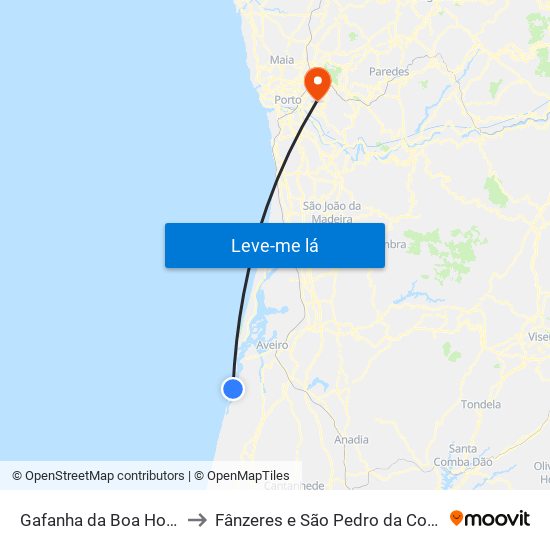 Gafanha da Boa Hora to Fânzeres e São Pedro da Cova map