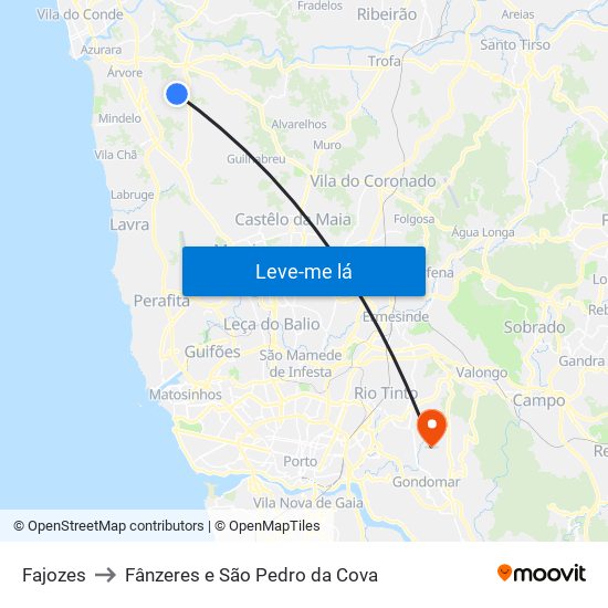 Fajozes to Fânzeres e São Pedro da Cova map