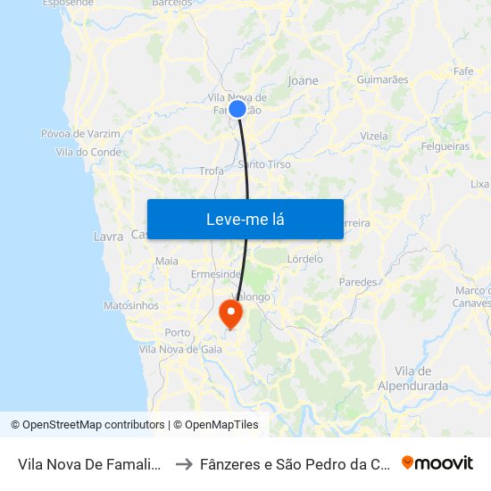 Vila Nova De Famalicão to Fânzeres e São Pedro da Cova map
