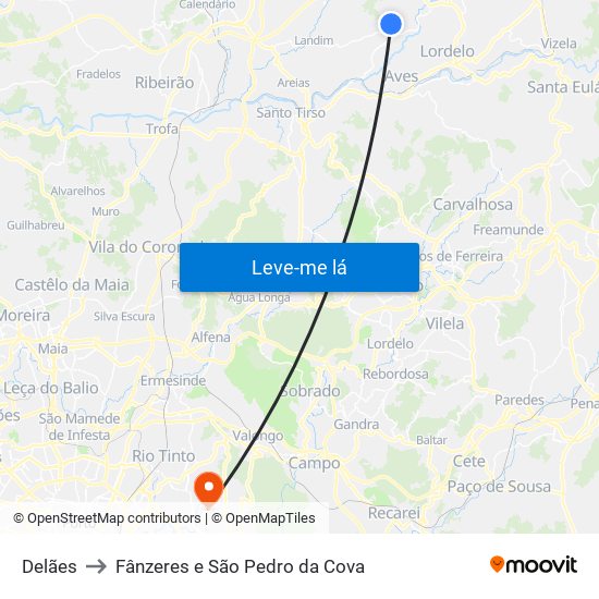 Delães to Fânzeres e São Pedro da Cova map