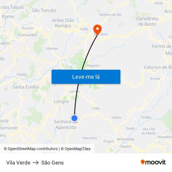 Vila Verde to São Gens map