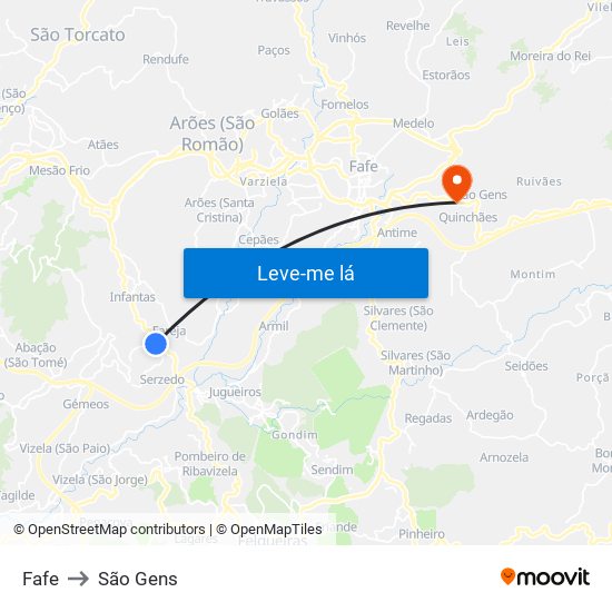 Fafe to São Gens map